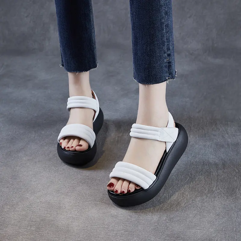 Women Minimalism Plain Leather Velcro Platform Sandals