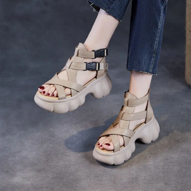 Women Plain Plaited Leather Casual Platform Sandals