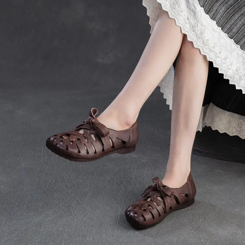 Women Retro Hollow Leather Soft Summer Flats