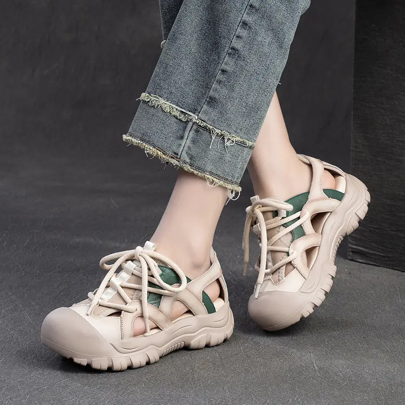 Women Retro Leather Round Head Summer Sandals