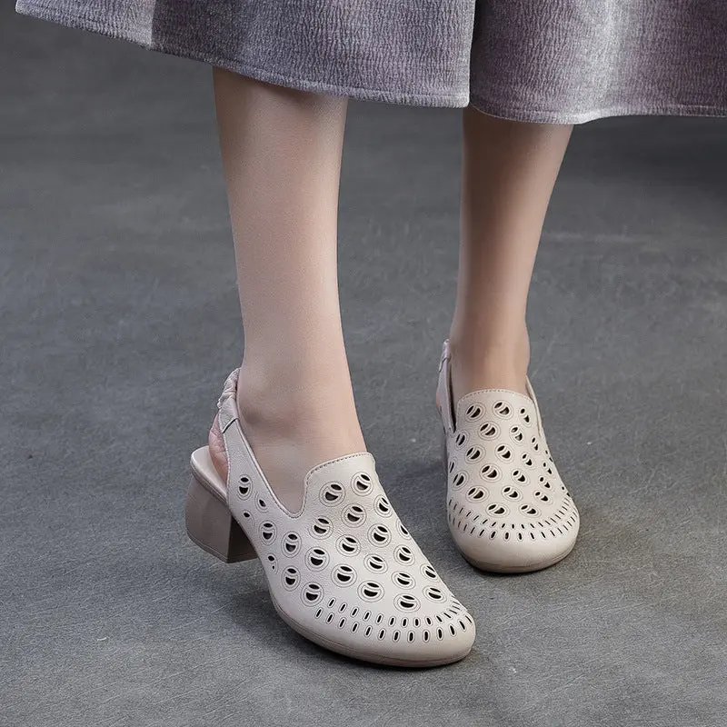 Women Retro Plain Hollow Leather Round Toe Heel Sandals