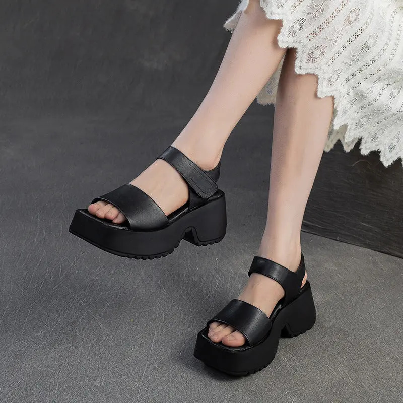 Women Retro Plain Leather Chunky Platform Sandals