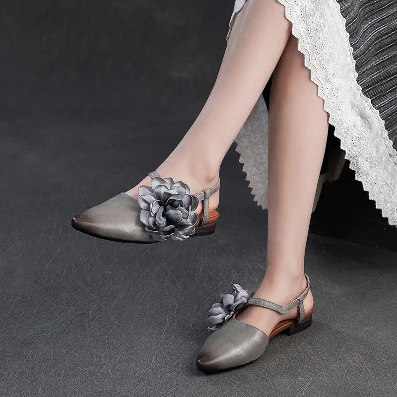 Women Retro Plain Leather Flower Pointed Toe Casual Sandals