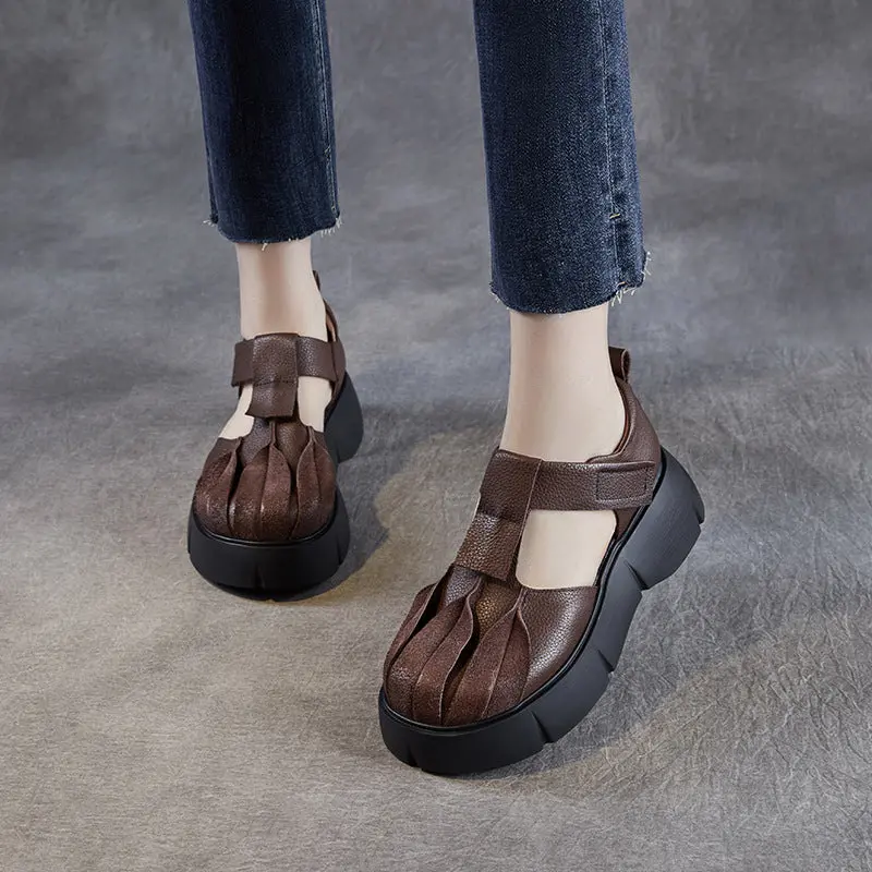 Women Retro Plain Leather Platform Velcro Tape Sandals