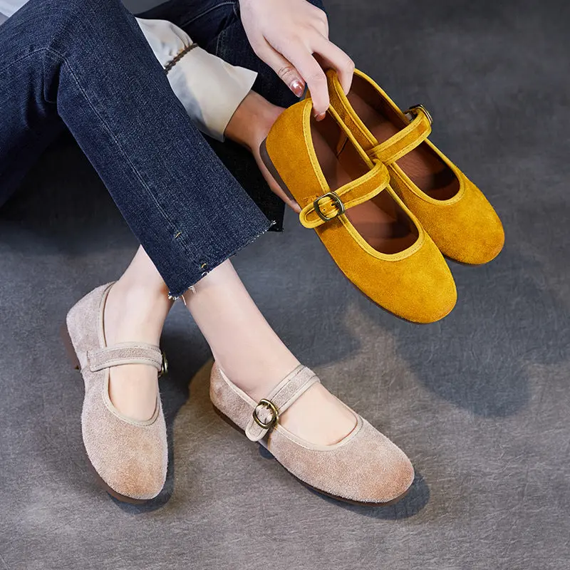 Women Retro Plain Suede Buckle Soft Flats