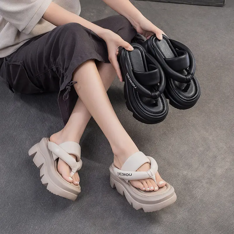 Women Stylish Sheepskin Leather Flip-Flops Platform Sandals
