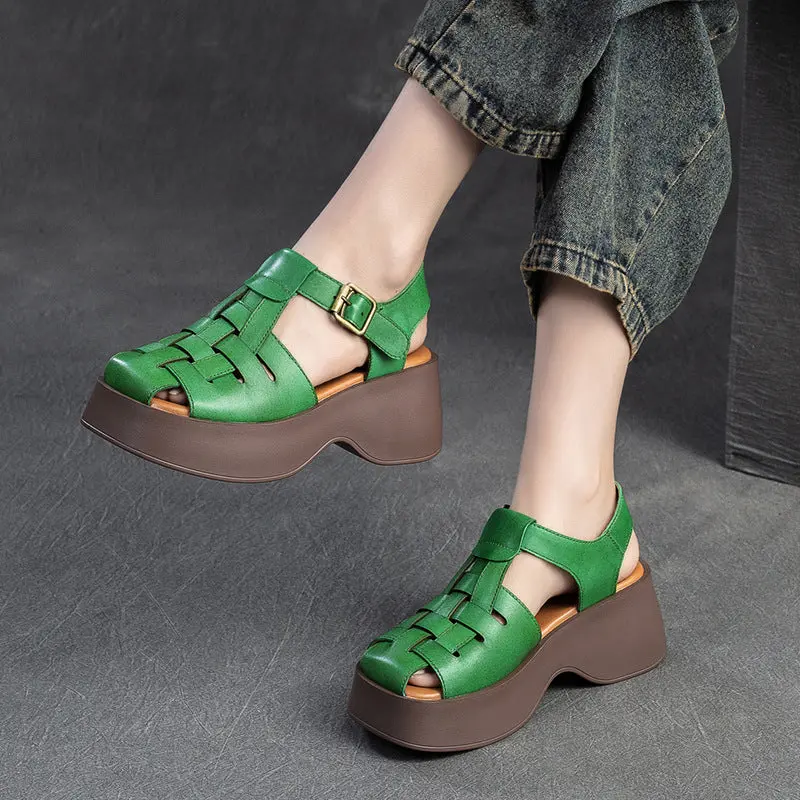Women Summer Handmade Plaited Leather Platform Sandals