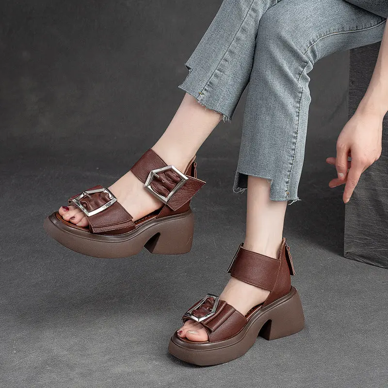 Women Summer Leather Elegant Chunky Heel Sandals