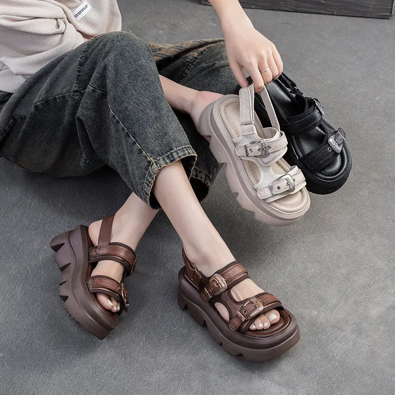 Women Summer Retro Leather Thick Soled Sandals