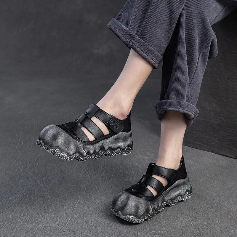Women Vintage Hollow Leather Thick Soled Casual Sandals