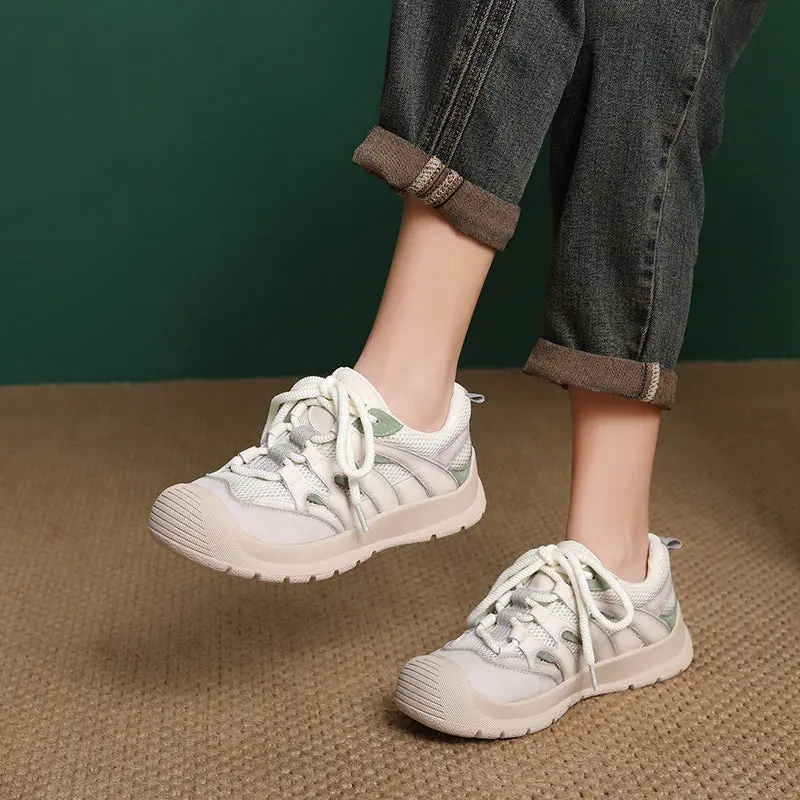 Women's Breathable Mesh Leather Low Top Casual Shoes