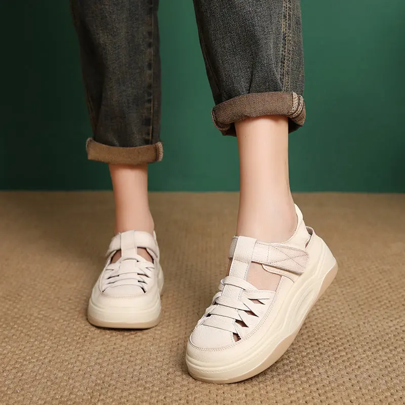 Women's Casual Plaited Leather Round Head Velcro Sandals