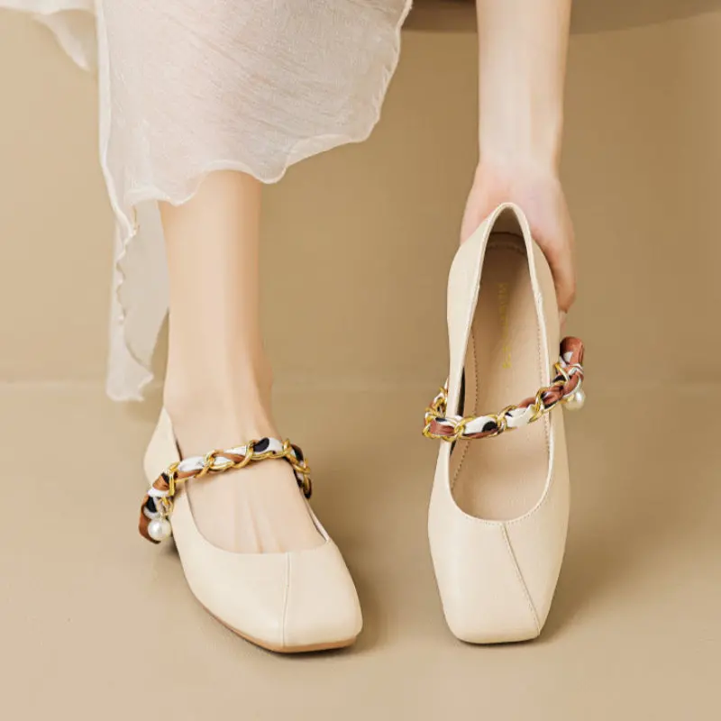 Women's Fashion Chian Strap Low Block Mary Jane Shoes