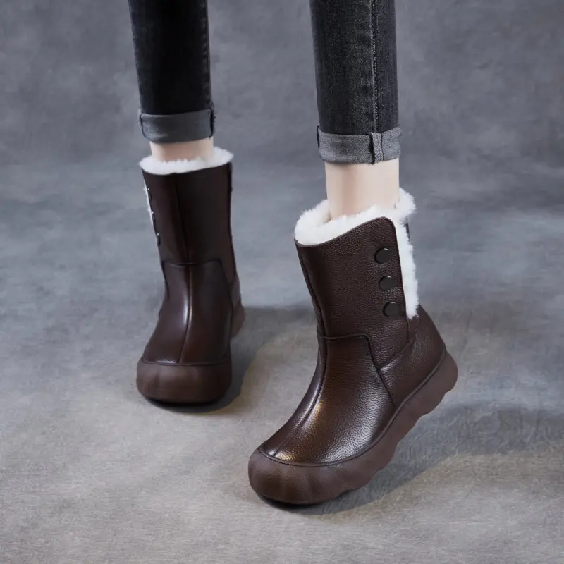 Women's Genuine Leather Woolen Mid-Calf Snow Boots