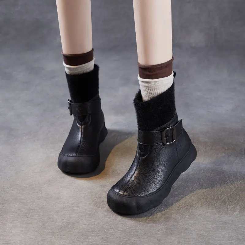 Women's Leather Buckle-Strap Furred Ankle Boots