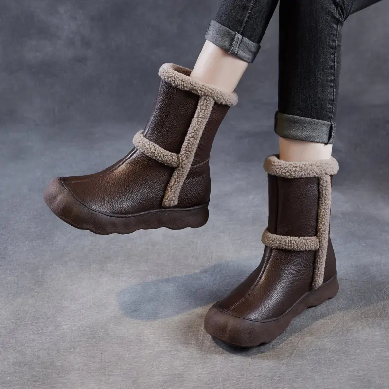 Women's Leather Comfort Slip-on Mid-Calf Snow Boots