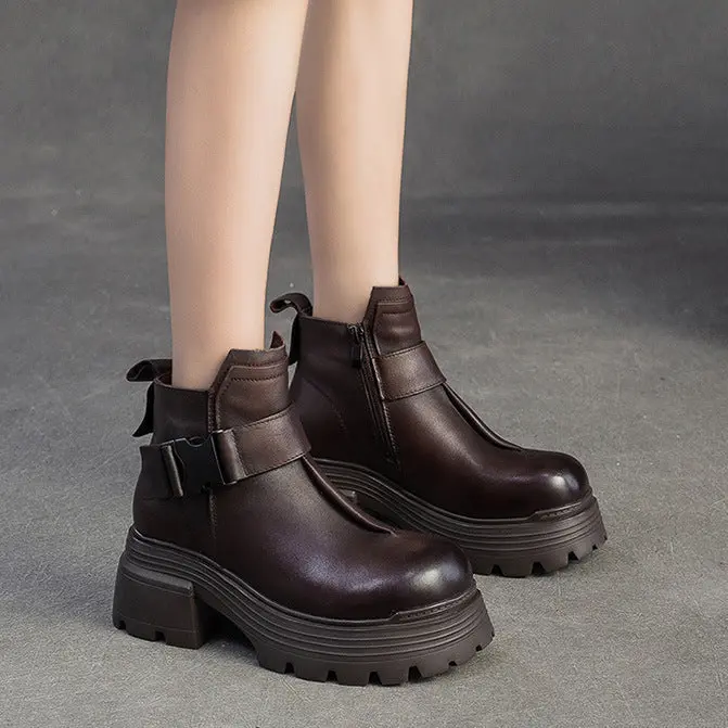 Women's Minimalist Plain Leather Buckle Furred Snow Boots