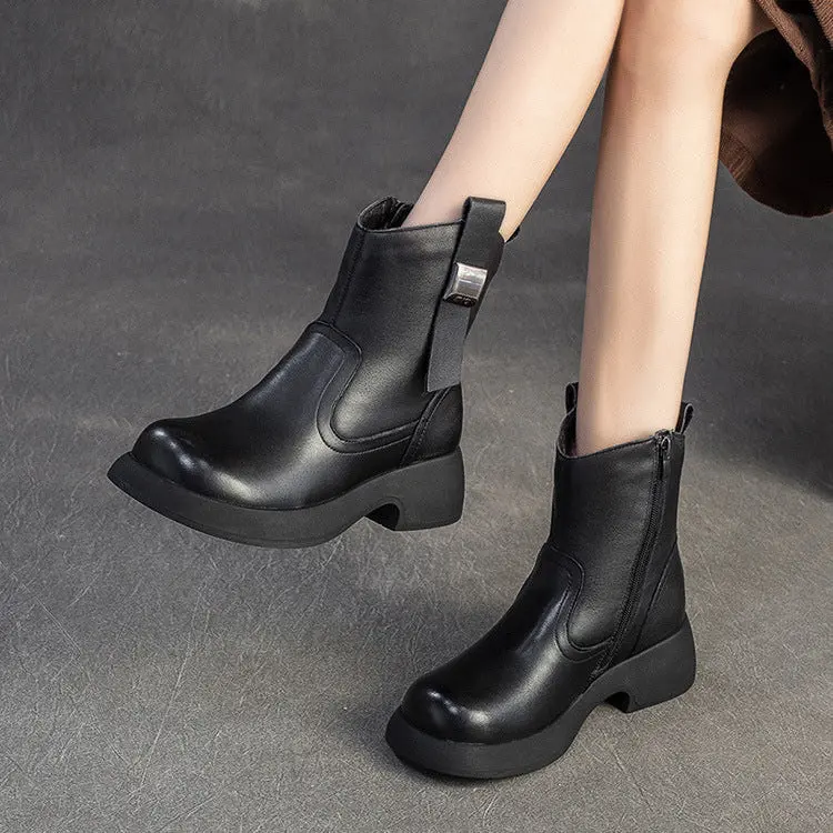 Women's Minimalist Plain Leather Woolen Ankle Boots
