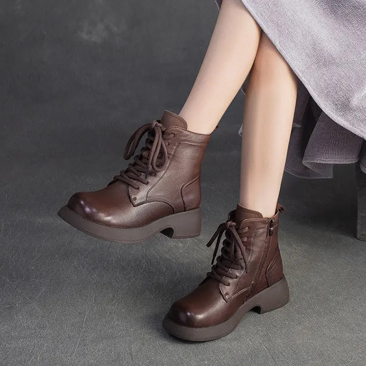 Women's Minimalist Plain Leather Woolen Snow Boots