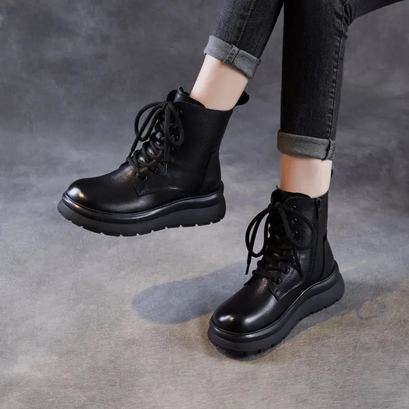 Women's Plain Leather Furred Ankle Snow Boots