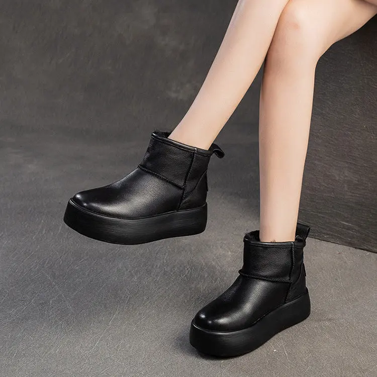 Women's Plain Leather Platform Ankle Snow Boots