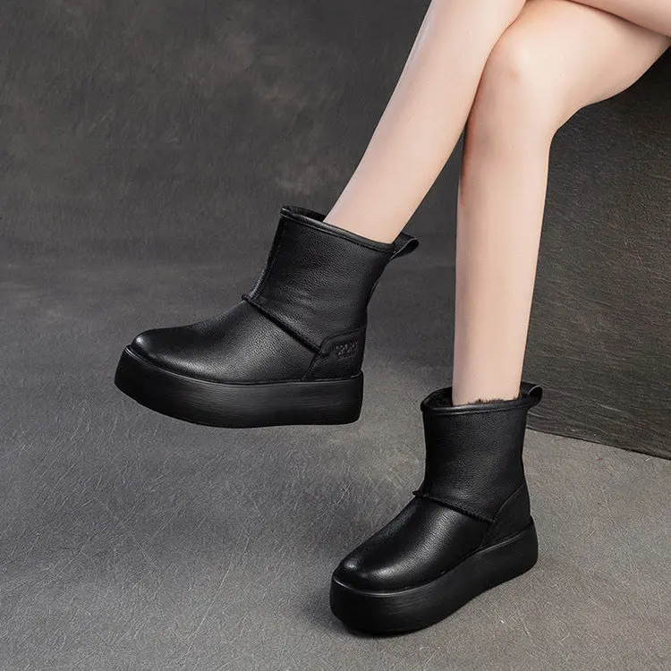 Women's Plain Quilted Leather Fleece Snow Boots