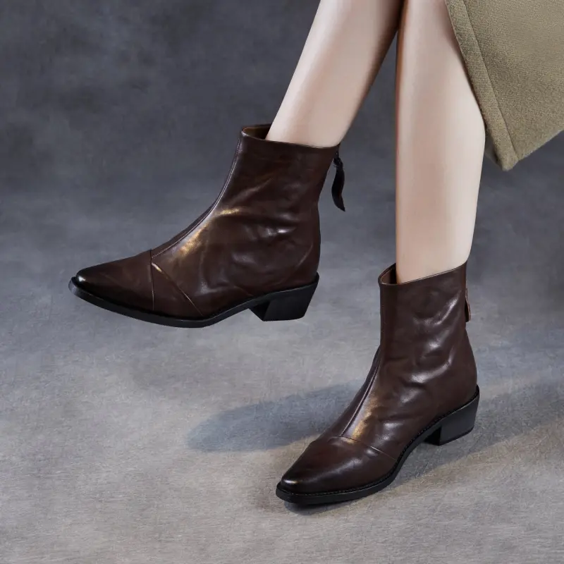 Women's Pleated Leather Low Block Furred Ankle Boots