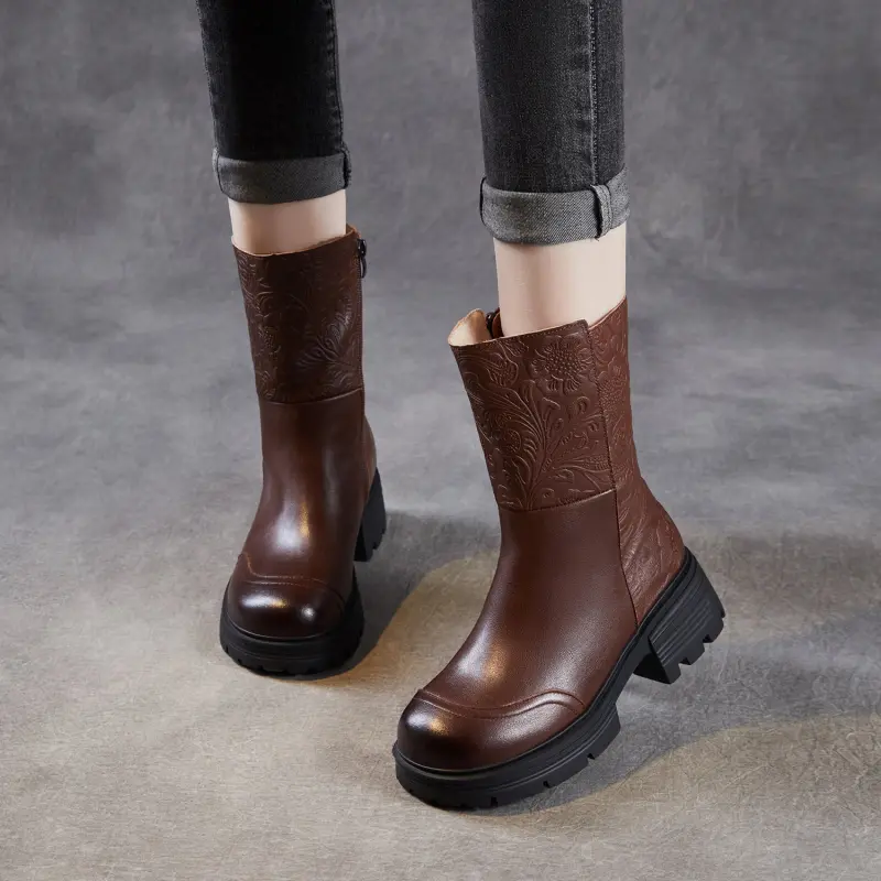 Women's Retro Embossed Leather Furred Mid-Calf Boots