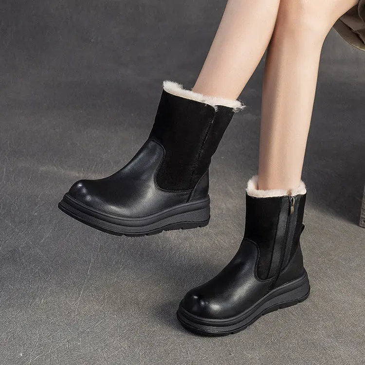 Women's Retro Leather Comfort Fleece Snow Boots