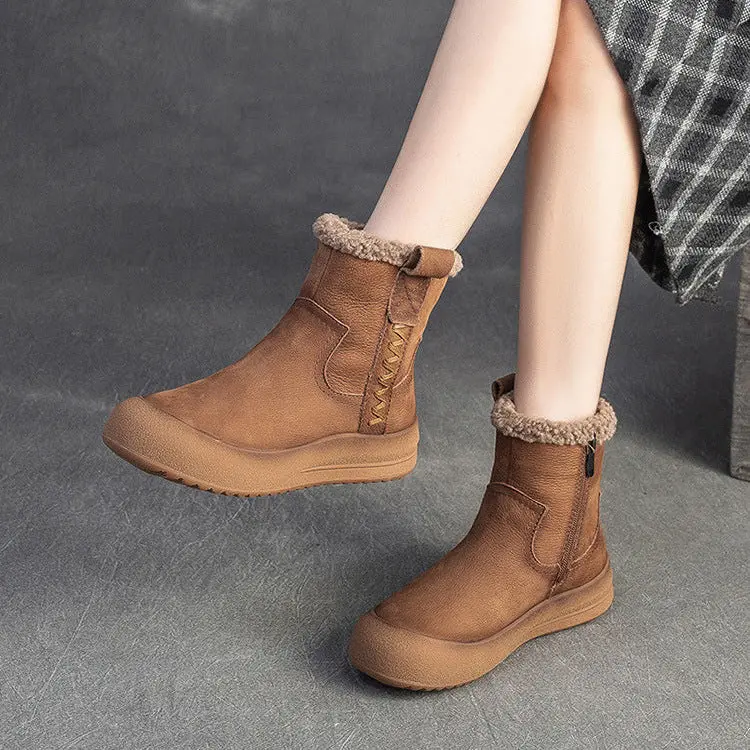 Women's Retro Leather Fleece Flat Snow Boots