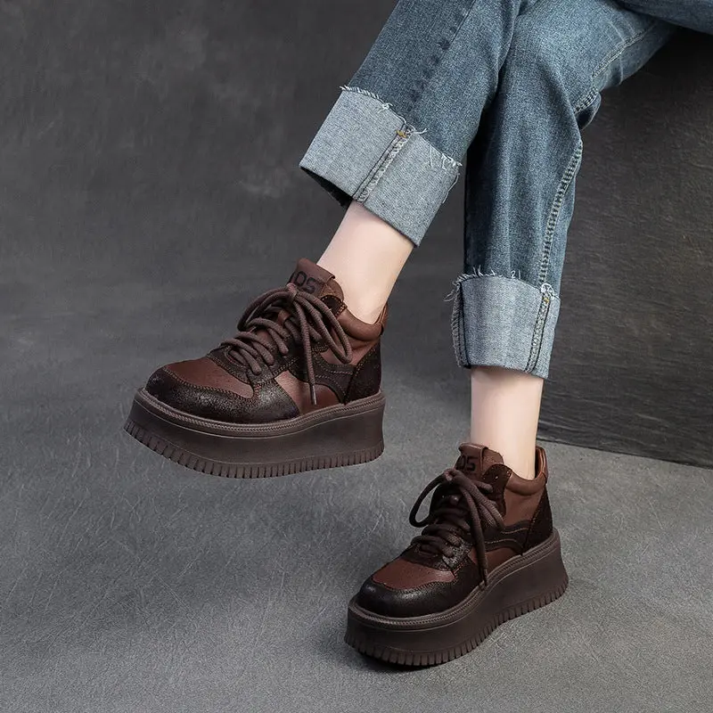 Women's Retro Leather High Top Platform Casual Shoes