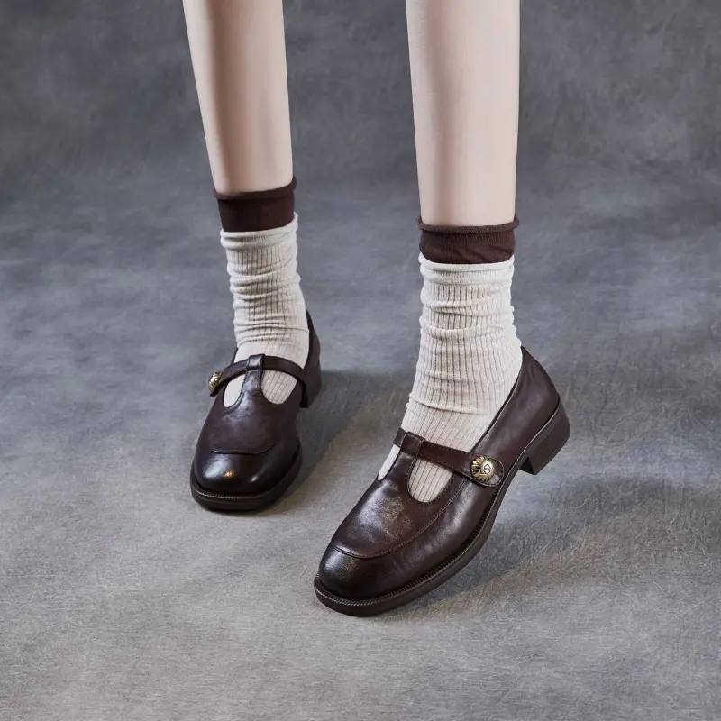 Women's Retro Leather T-Strap Velcro Mary Jane Shoes