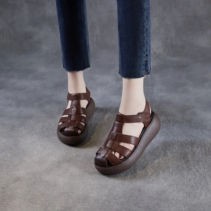 Women's Retro Plain Leather Casual Platform Sandals