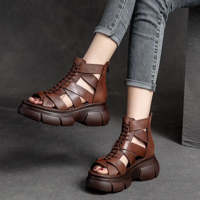 Women's Retro Plaited Leather High Top Platform Sandals