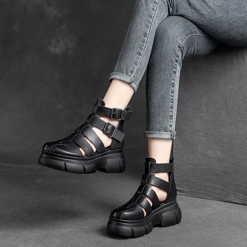 Women's Retro Plaited Leather Platform Bootie Sandals