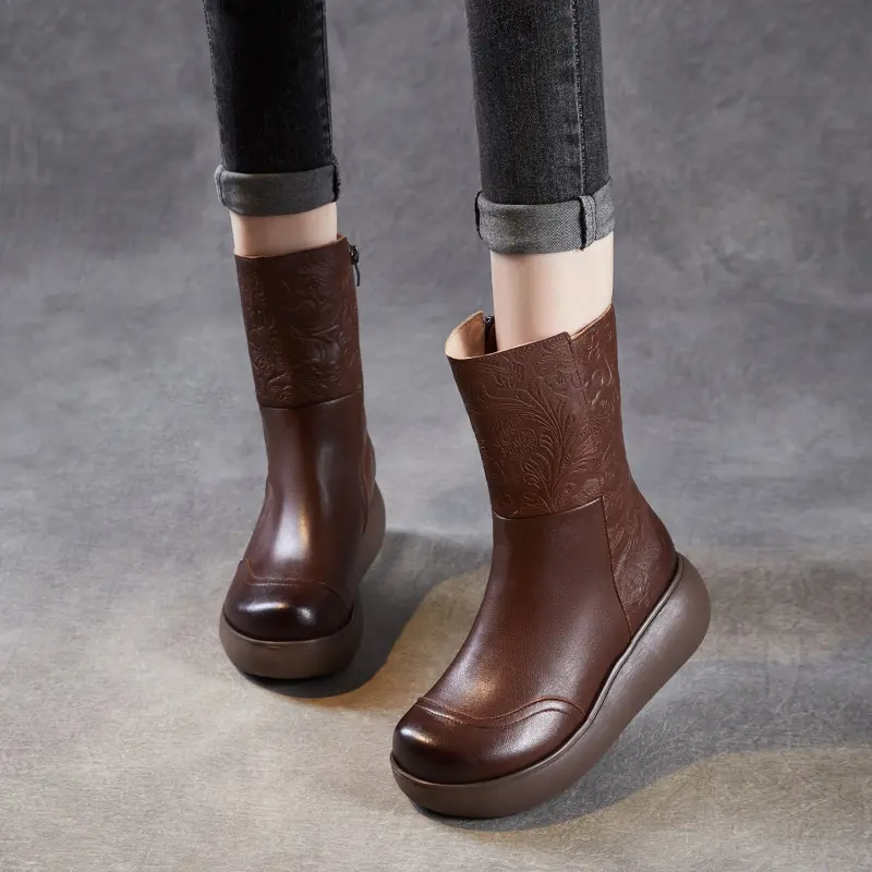 Women's Vintage Embossed Leather Furred Platform Boots