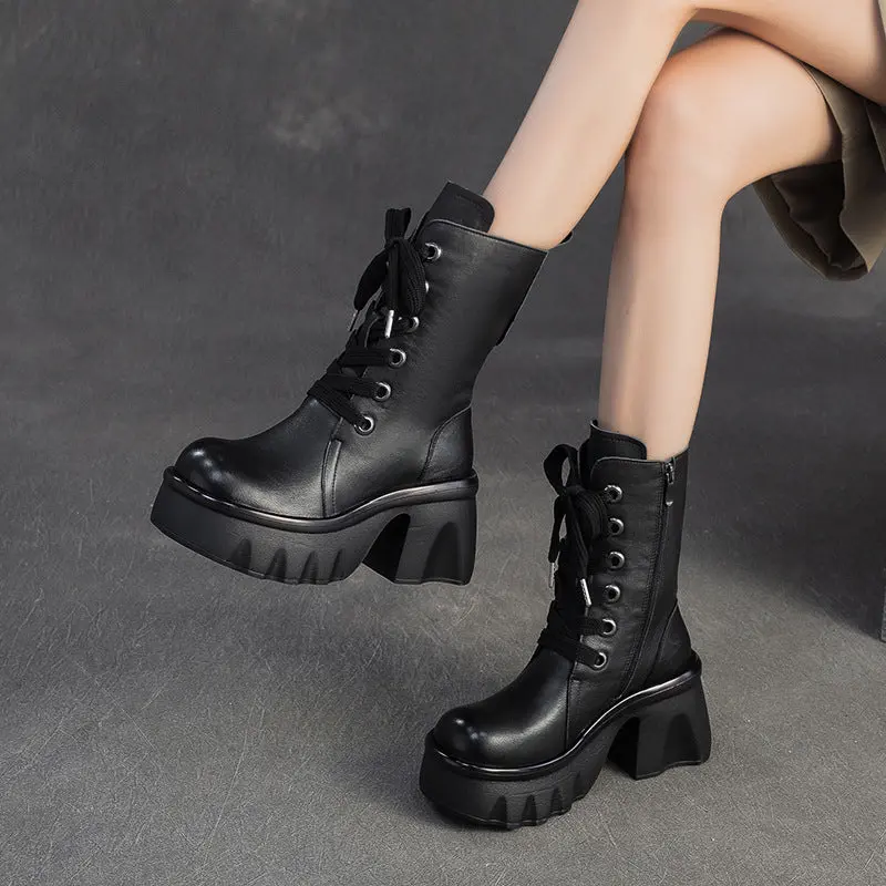 Women's Vintage Leather Chunky Platform Mid-Calf Boots