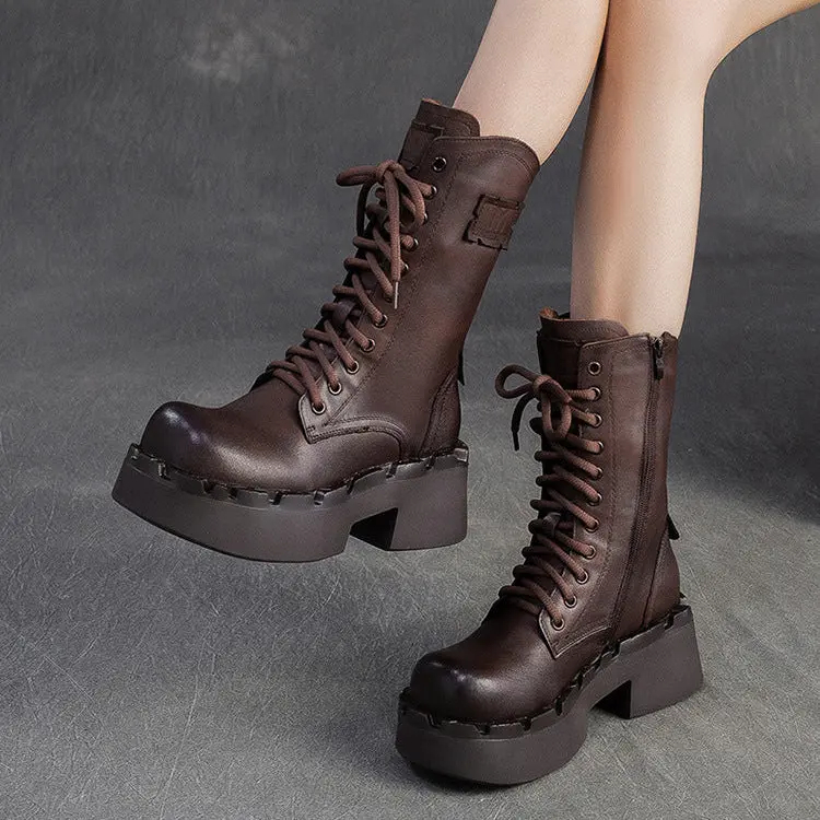Women's Vintage Leather Platform Mid-Calf Boots