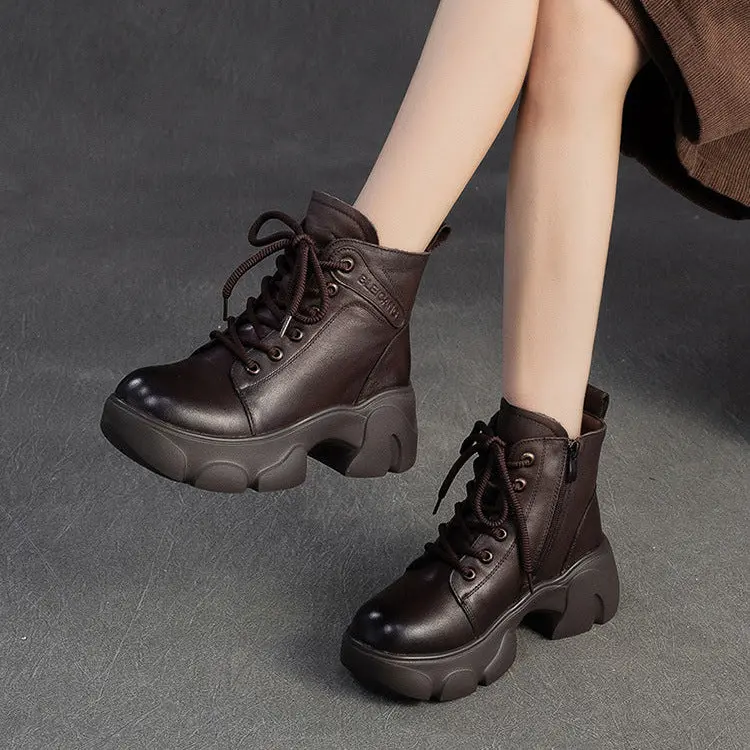 Women's Vintage Leather Wool Platform Boots