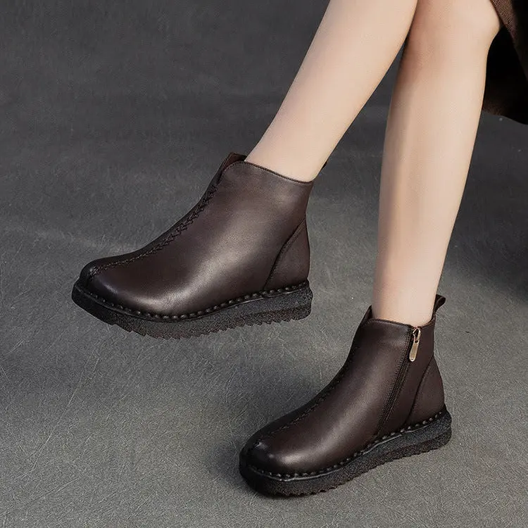 Women's Vintage Plain Leather Furred Flat Ankle Boots