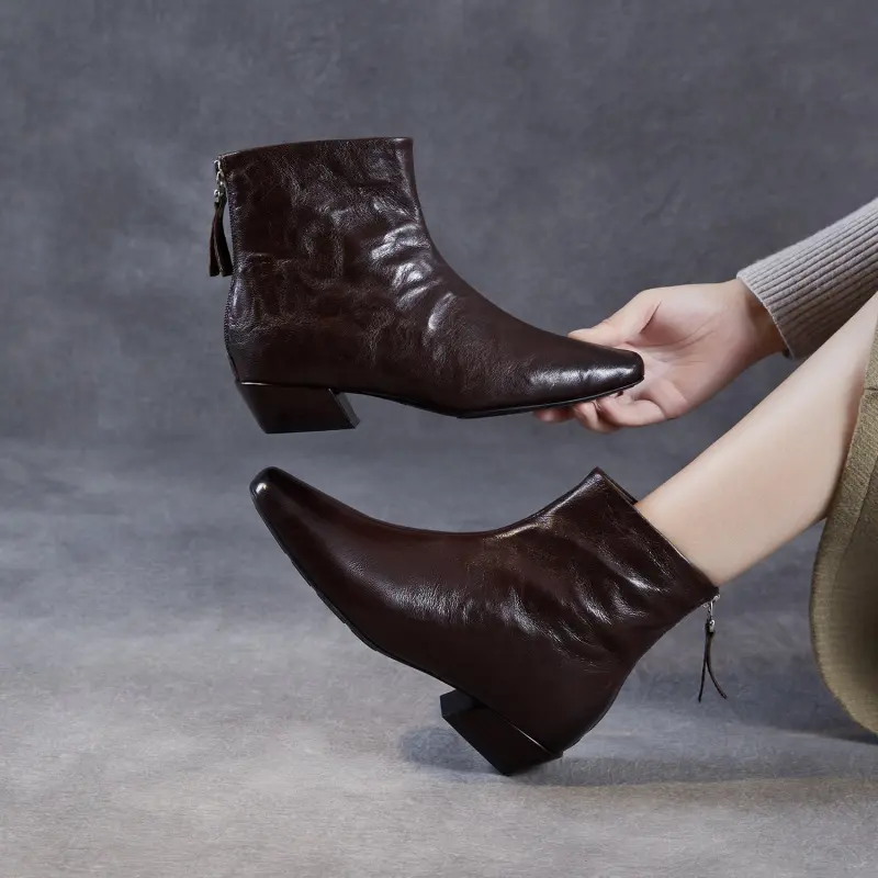 Women's Vintage Plain Leather Low Block Furred Ankle Boots