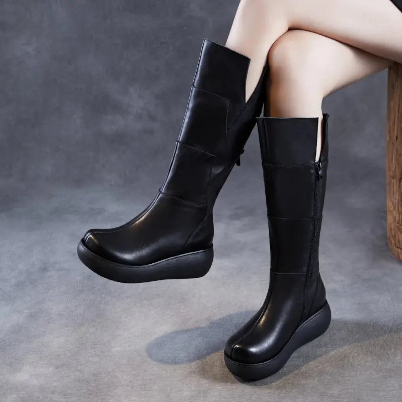 Women's Winter Furred Leather Platform Riding Boots