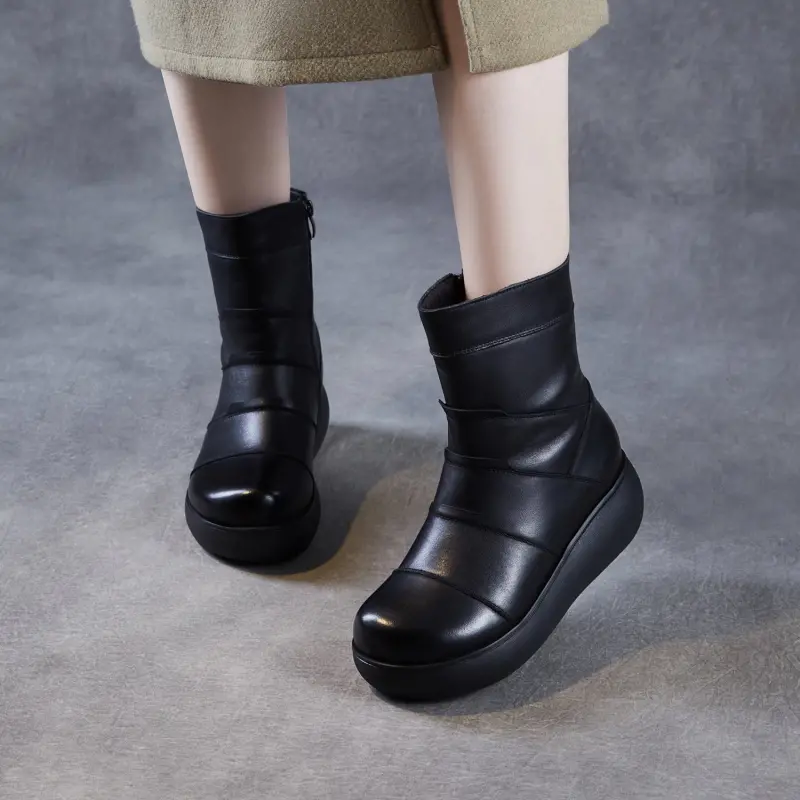 Women's Winter Plain Quilted Leather Snow Boots